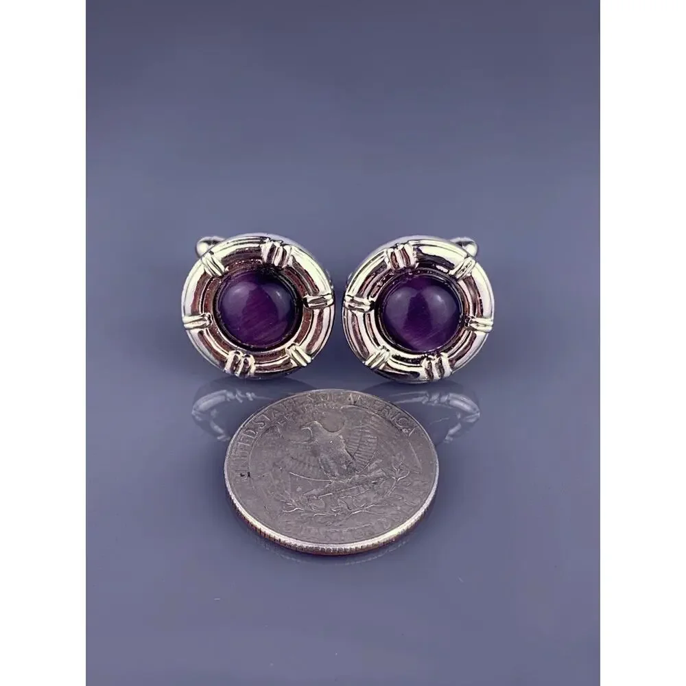 Purple Round Cabochon Cufflinks Silver Tone Modernist Simple Cats Eye Vintage